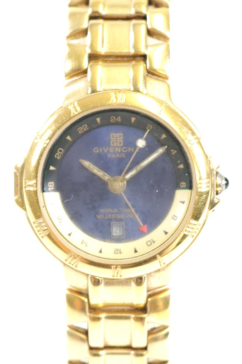 GIVENCHY ジバンシー ミレジム 2000 REG1569465 クォーツ メンズ 腕時計 デイト 青文字盤 ワールドタイム ターボテスター反応〇 1609-YO①