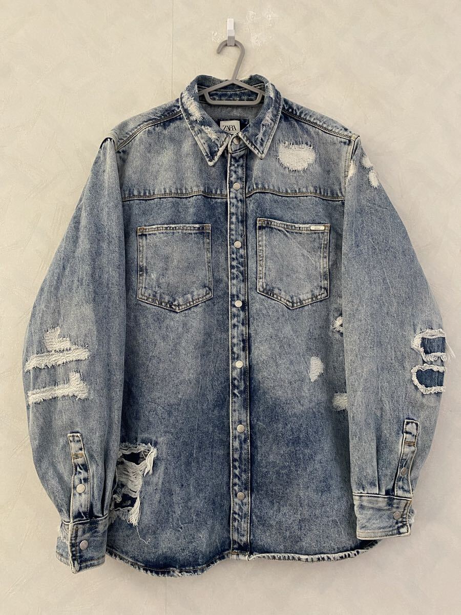 ZARA デニムジャケット サイズXL メンズ ダメージ加工 RELAXED FIT ザラ シャツジャケット damage denim 