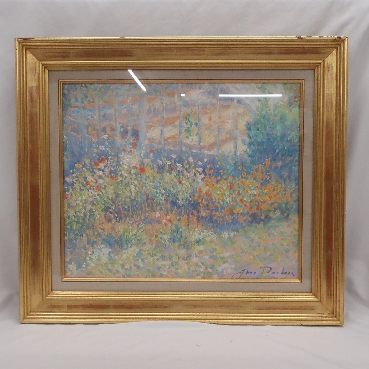 Jan Parker ヤン・パーカー「花畑」1985年 油彩画 額装品 'Flower by the green' 油絵 風景画 中古品 f_z(j)
