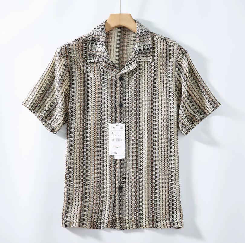 新品 透かし編み ジャカード サマー ニットメッシュ 半袖 シャツ 清涼感 開襟 オープンカラー メンズ 春夏 ゆったり アロハ