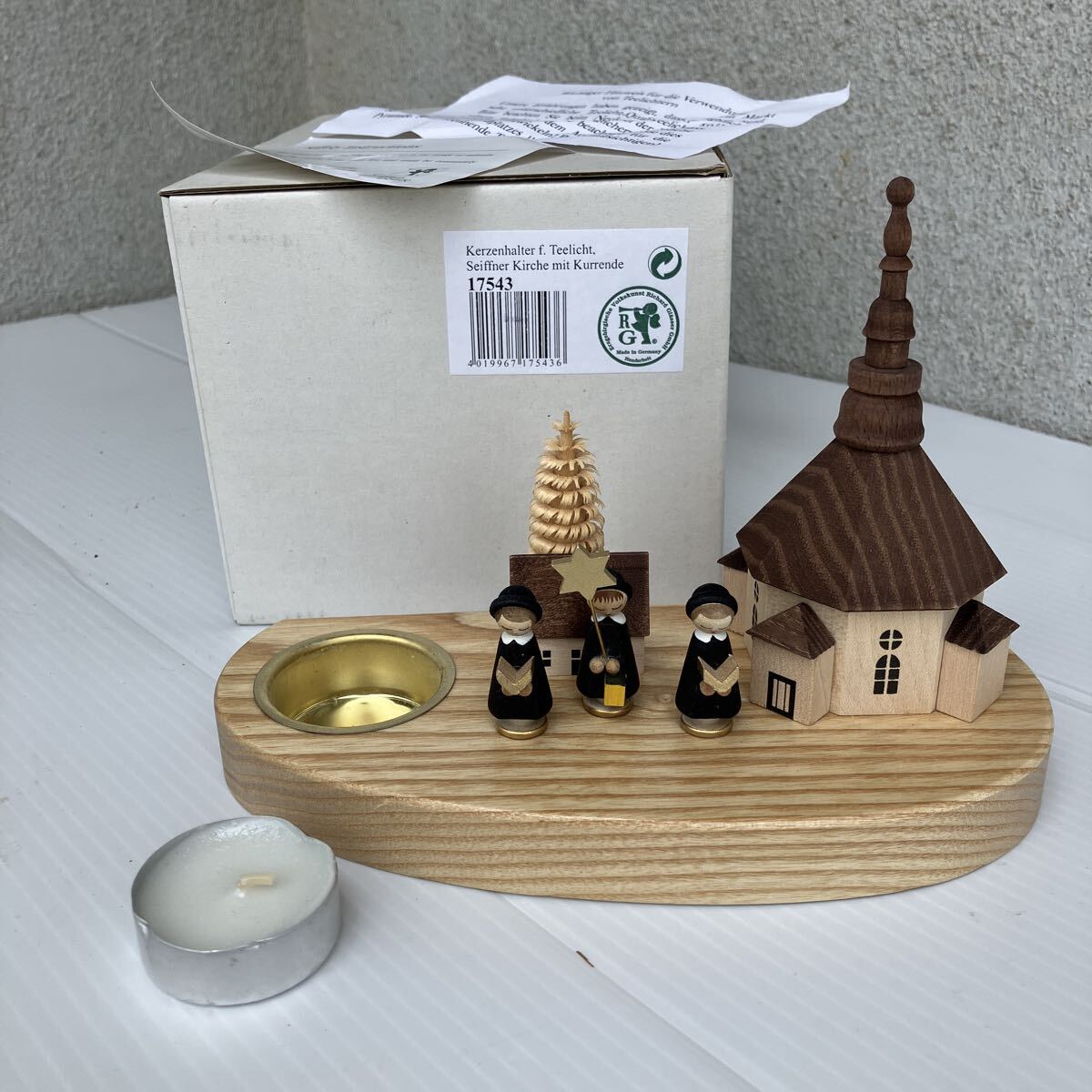 ザイフェン キャンドルホルダー 幅20cm Seiffen 教会 ドイツ製 クリスマスオーナメント 木製 置物 未使用に近い