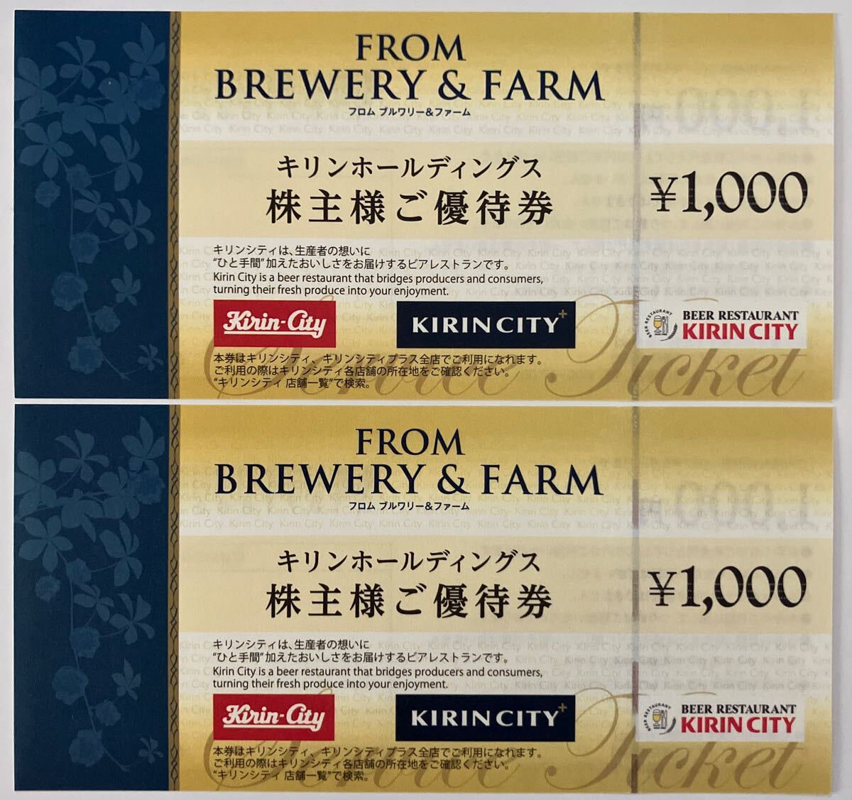 【送料無料 匿名配送】キリン　キリンシティ　Kirin City　株主優待　優待券　2,000円分 (=1,000円×2枚)　有効期限 2027年5月31日