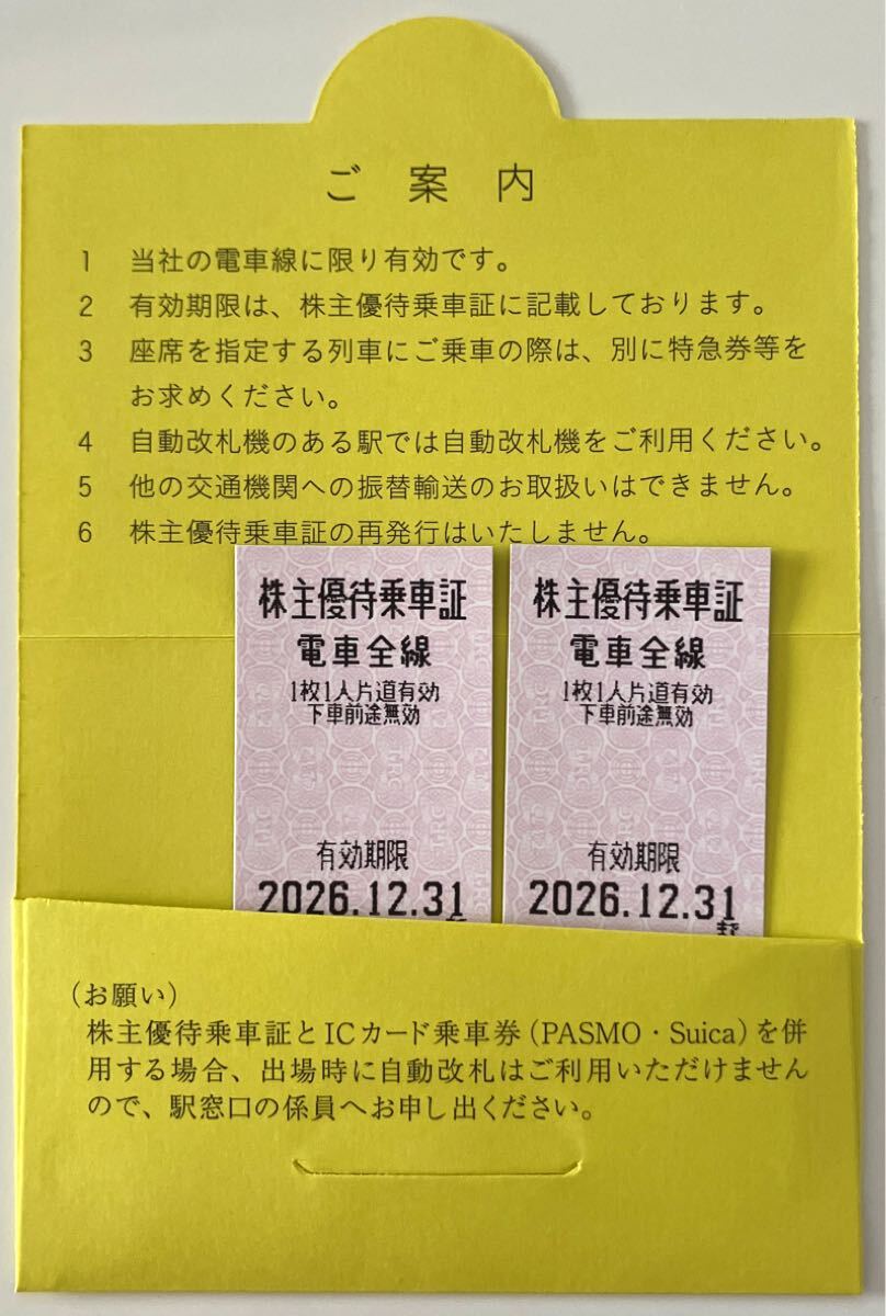 [送料無料 匿名配送] 東武鉄道 株主優待 株主優待乗車証 乗車券 ２枚セット 有効期限 2026年12月31日