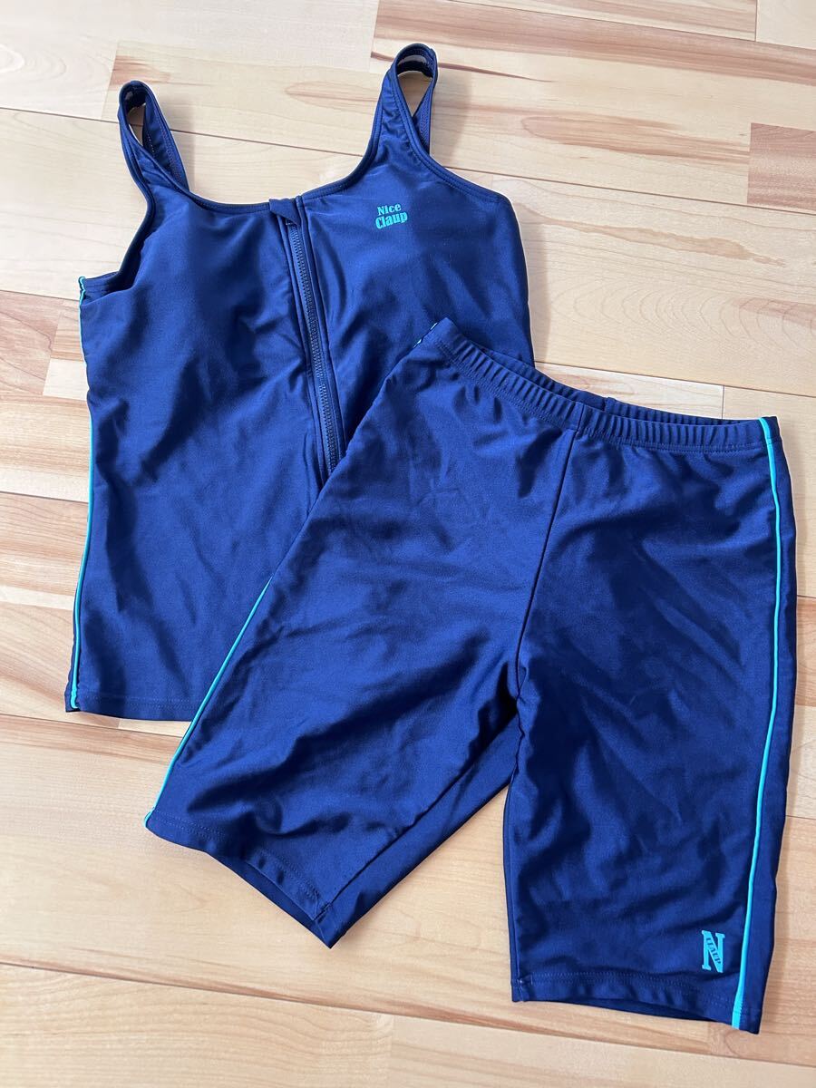 NICE CLAUP ナイスクラップ 前開き セパレート 水着 スイムウエア 水泳 競泳 習い事 学校 紺 女の子 160 170 ネイビー 子供 プール L ロゴ