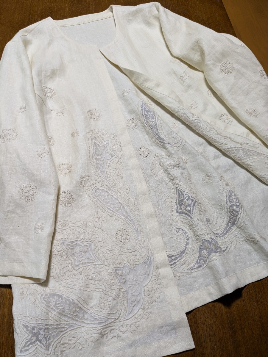 ※手作り／汕頭刺繍／柔らかリネン／淡い生成り色／カーディガンジャケット／新作