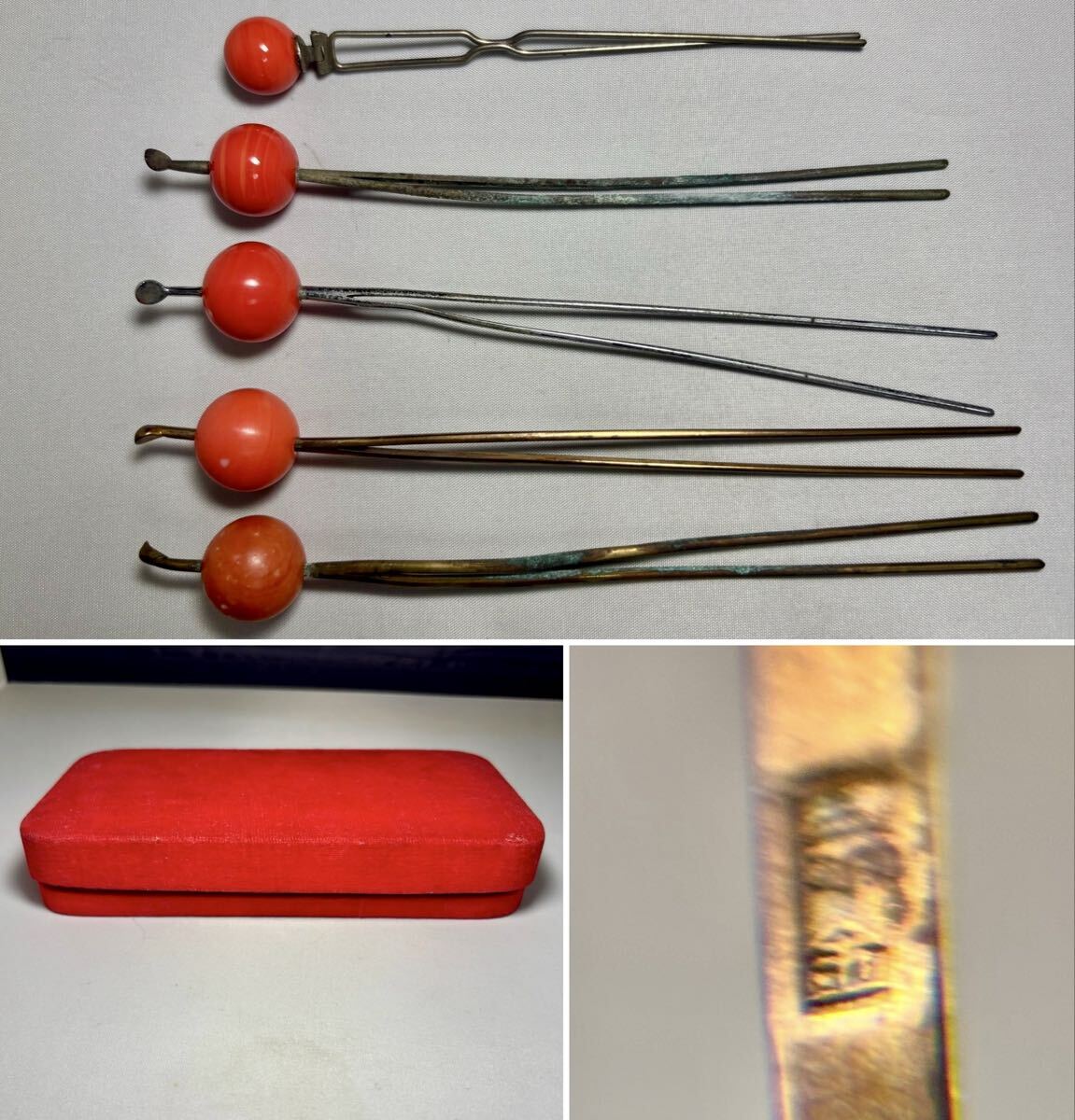 ★ 珊瑚 簪 玉 5点　ケース　（約）径14.6mm～18mm 60403