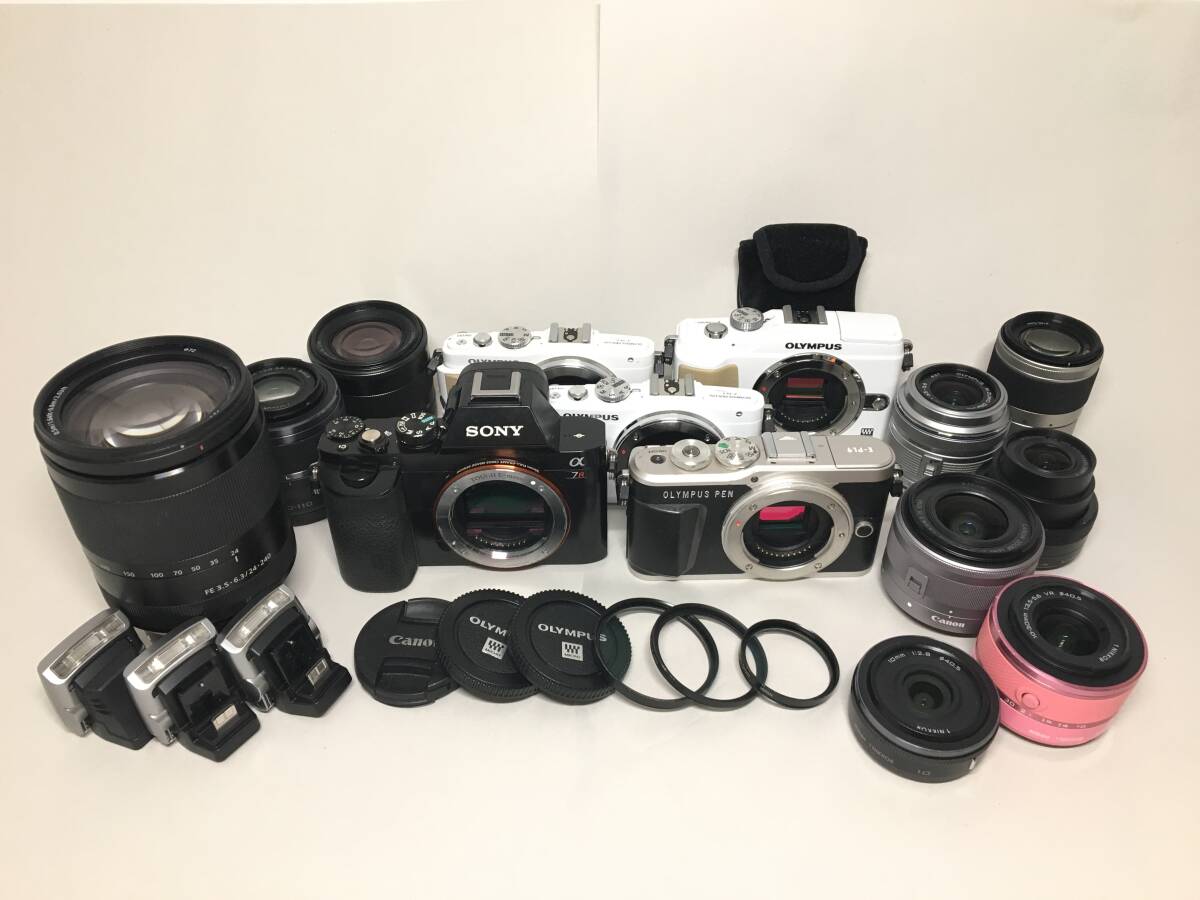 ☆ ミラーレス一眼カメラ まとめ ☆ SONY ILCE-7R + FE 3.5-6.3/24-240 OSS + OLYMPUS E-PL9 他 3台 レンズ8本 ソニー オリンパス