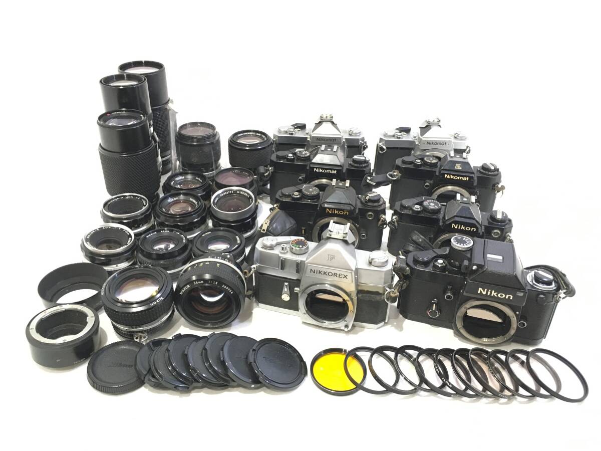 ☆ フィルム一眼カメラ まとめ 7 ☆ Nikon NIKKOREX F + F2 + FE + EM + Nikomat EL ×2 + 50mm 1:1.2 ×2 他 2台 レンズ13本 ニコン