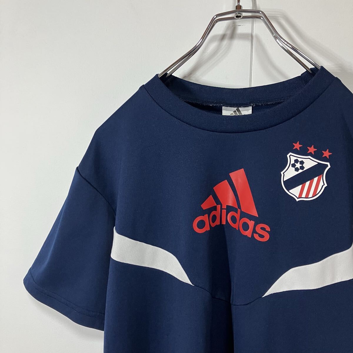 adidas アディダズ パフォーマンス ロゴ プリント 切替 裏メッシュ クルーネック ドライ 半袖 Tシャツ ネイビー 160 