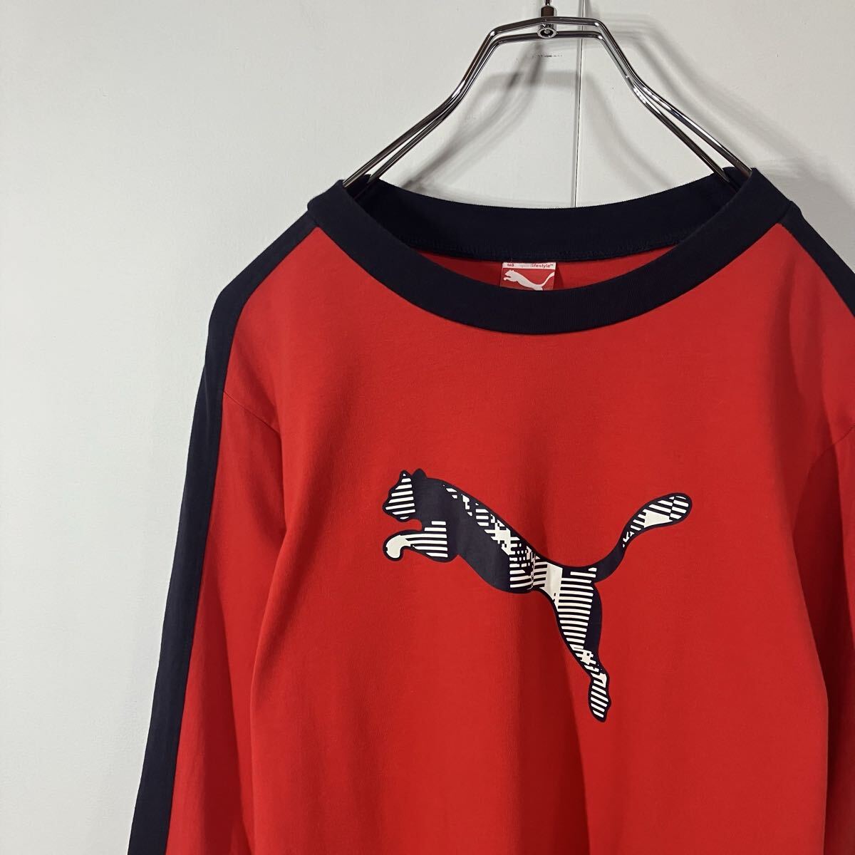 PUMA プーマ ロゴ プリント 切替 サイドライン クルーネック ラグラン 長袖 Tシャツ レッド ネイビー 160