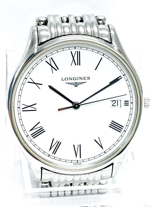 【薄型6mm】LONGINES ロンジン リール L4.759.4 ローマ数字 デイト 白文字盤 クォーツ サファイアクリスタル メンズ腕時計 不動品