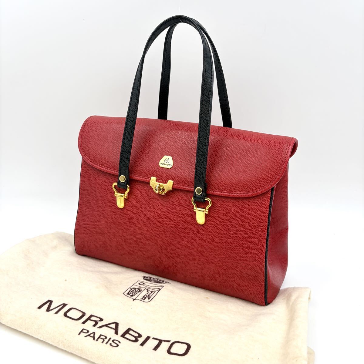 ◆ 美品 MORABITO モラビト レザー ハンドバッグ レッド × ブラック ゴールド金具 ◆ 商品説明に画像あり【C5453】