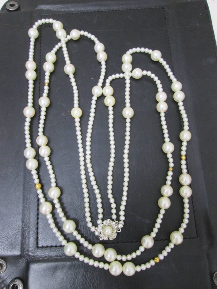 (28)☆本真珠 パール ステーションネックレス K18玉 SILVER金具 2連 ロングネックレス 玉径約3mm/約8mm 全長約77cm 約68g