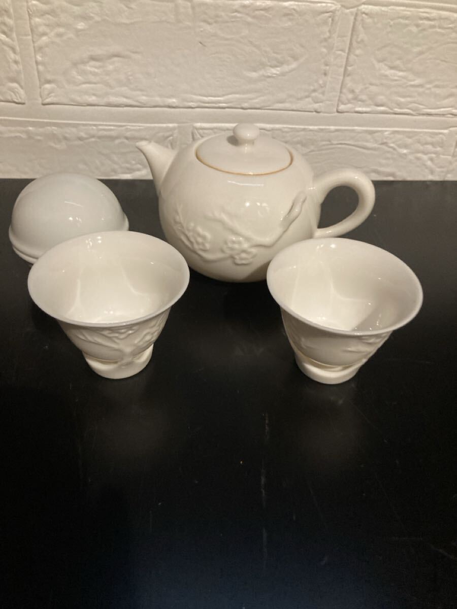 中国茶器　セット　 急須　煎茶碗　小物入れ　花柄　白　【T24756】（6）