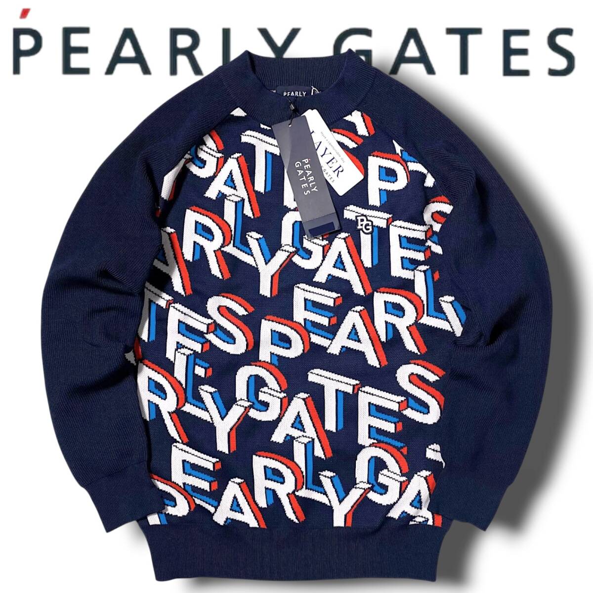 新品 PEARLY GATES パーリーゲイツ 定3.3万 総柄 UVカット 透け防止 ゴルフ プルオーバー ニット セーター 055-1170304 0 S 紺系 NR-250