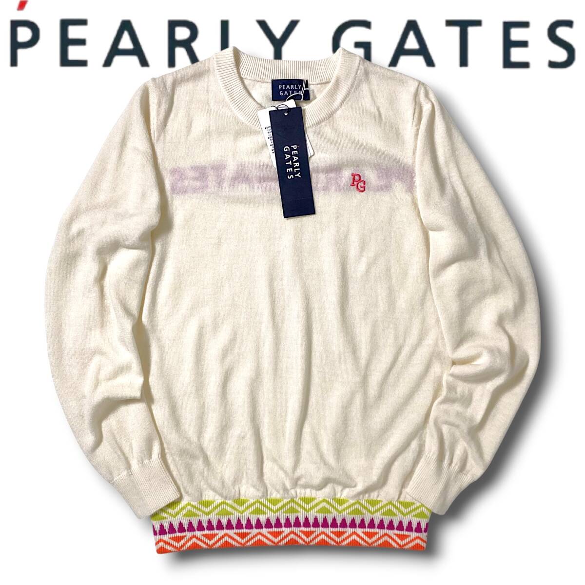 新品 PEARLY GATES パーリーゲイツ 定価3万 ウール100％ 裾リブ 保温 保湿 丸首 ゴルフ 刺繍 セーター ニット 055-2270106 0 S NR-316