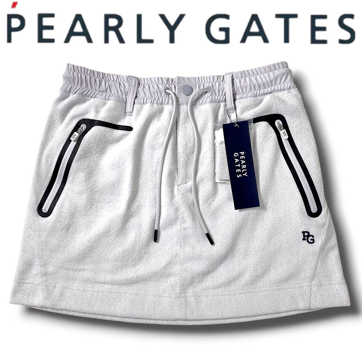 新品 PEARLY GATES パーリーゲイツ 定2.8万 起毛 裏メッシュ ドローコード 刺繍 ゴルフ ストレッチ スカート 055-1234010 1 M 明灰 NR-301