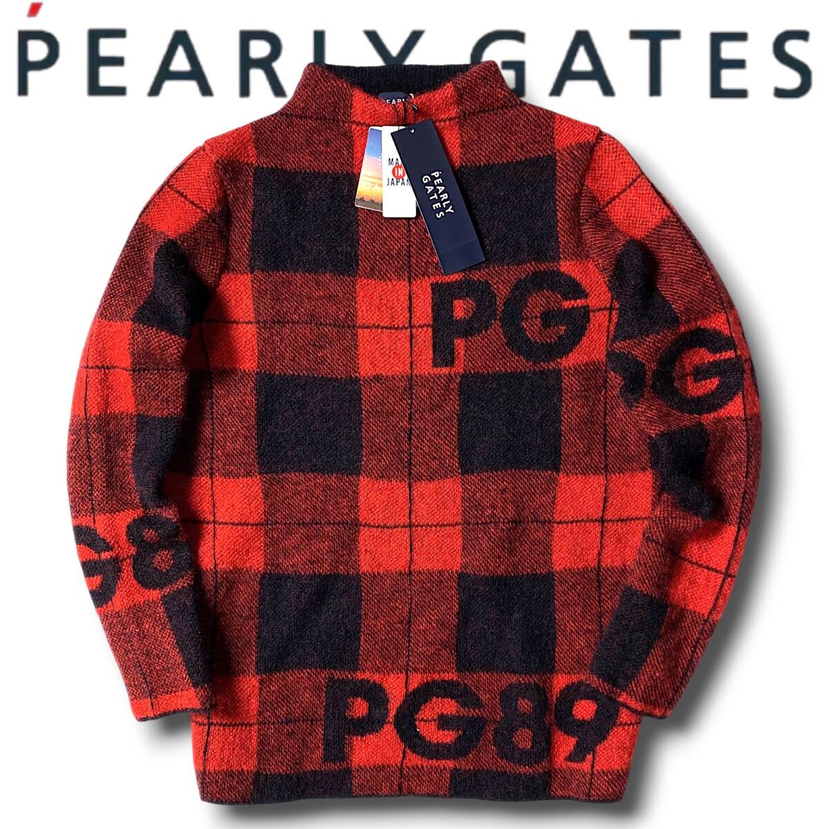 新品 PEARLY GATES パーリーゲイツ 定3.6万 日本製 モヘア モックネック チェック柄 ゴルフ セーター ニット 055-1270008 1 M 赤系 NR-299