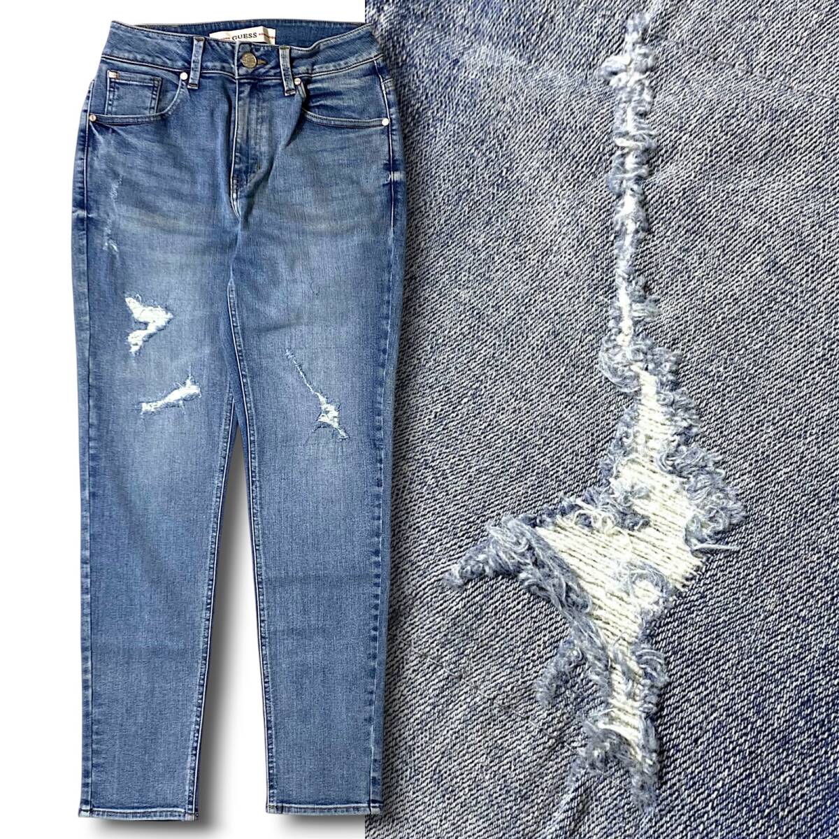 新品 GUESS ゲス レギュラーテーパー ハイライズ ダメージ ストレッチ テーパード デニム パンツ MM1D6049 28 XS ライトブルー系 NR-220