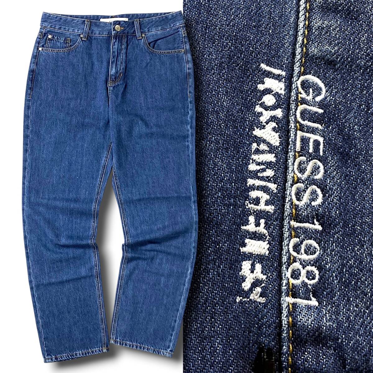 新品 GUESS ゲス ストレートレッグ ワイドシルエット ヴィンテージライク ロゴ刺繍 ストレート デニム パンツ MM1D6043 31 M 青系 NR-223
