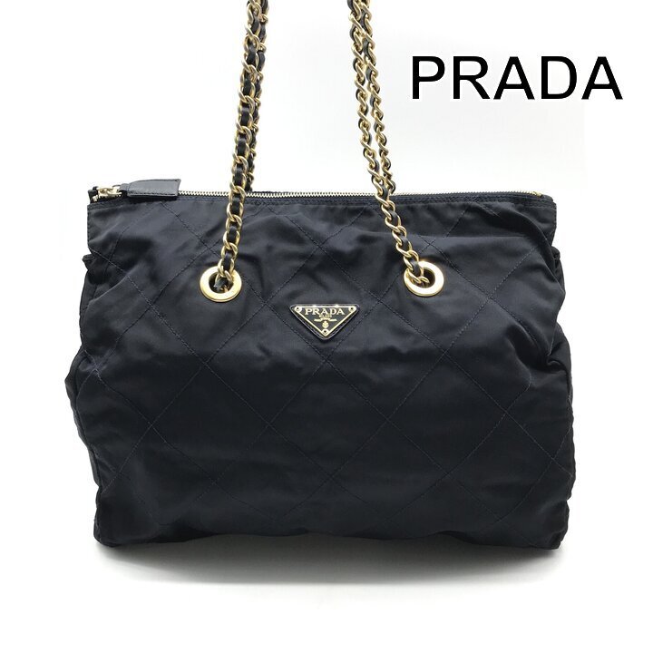 1円 良品 PRADA プラダ キルティング 三角ロゴ プレート ナイロン テスート ショルダー バッグ ネイビー 鞄 かばん カバン a12464