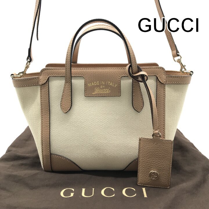 超美品 GUCCI グッチ スウィング ミニ 2WAY ハンド ショルダー バッグ レザー キャンバス トップハンドル ベージュ レディース r1650