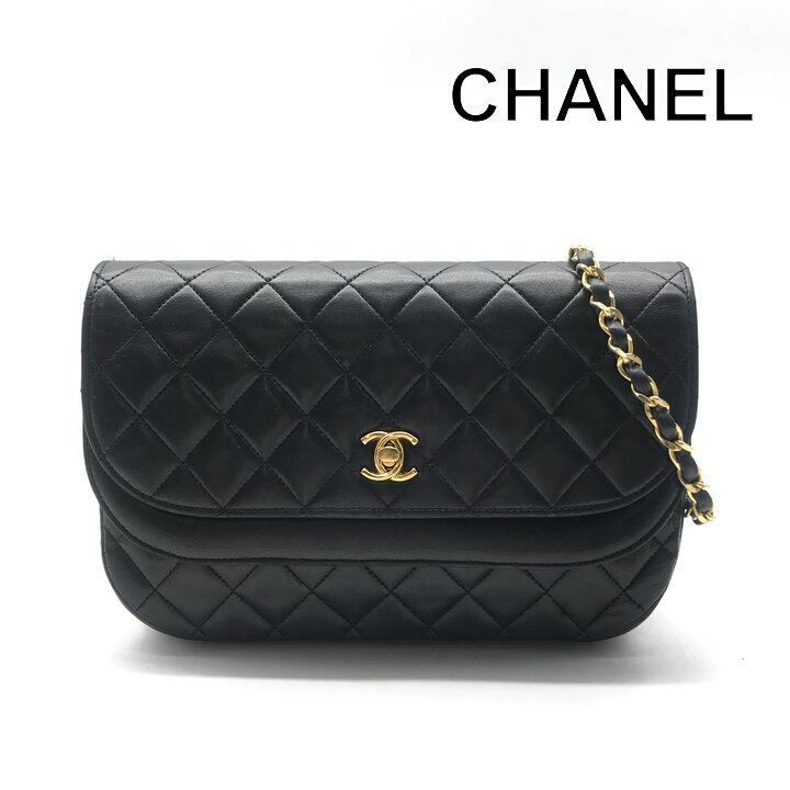 美品 CHANEL シャネル ココマーク ターンロック マトラッセ ラムスキン チェーン ショルダー バッグ ブラック レディース a11907