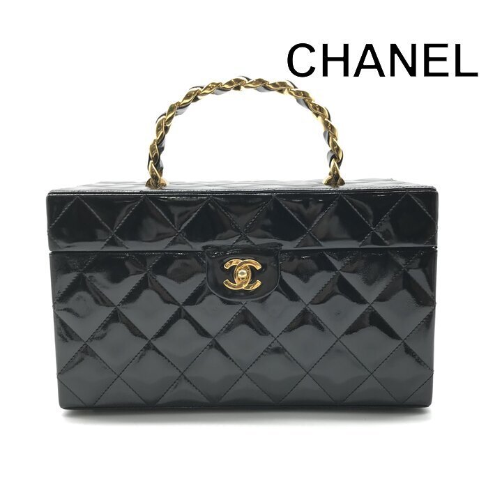 1円 良品 CHANEL シャネル マトラッセ パテント エナメル レザー ターンロック バニティ チェーン ハンド バッグ 鞄 ブラック r1103