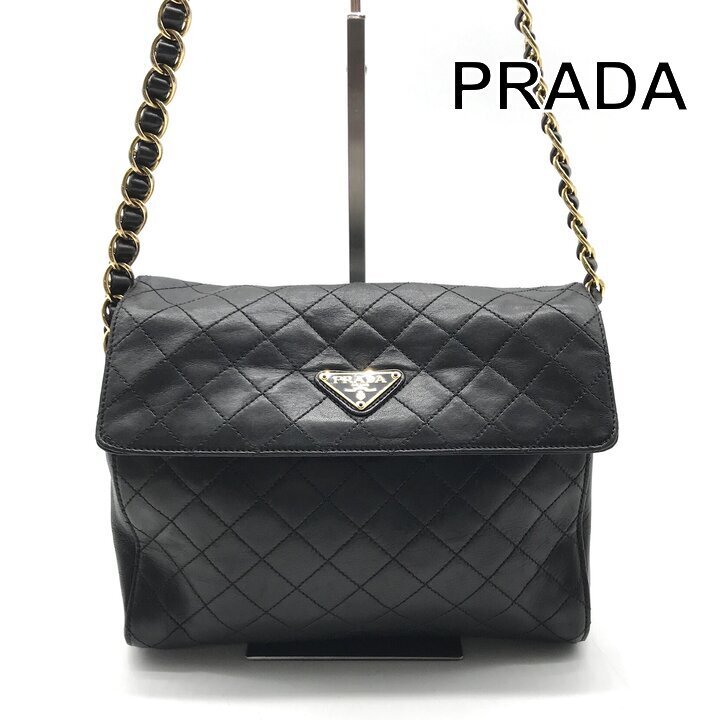 1円 美品 PRADA プラダ レザー キルティング チェーン ショルダー バッグ ブラック ブランド カバン BAG r1719