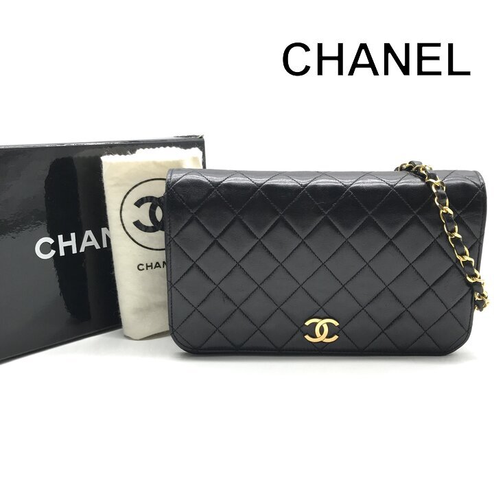 超美品 CHANEL シャネル ココマーク マトラッセ プッシュロック ラムスキン チェーン ショルダー バッグ ブラック カバン BAG r1382