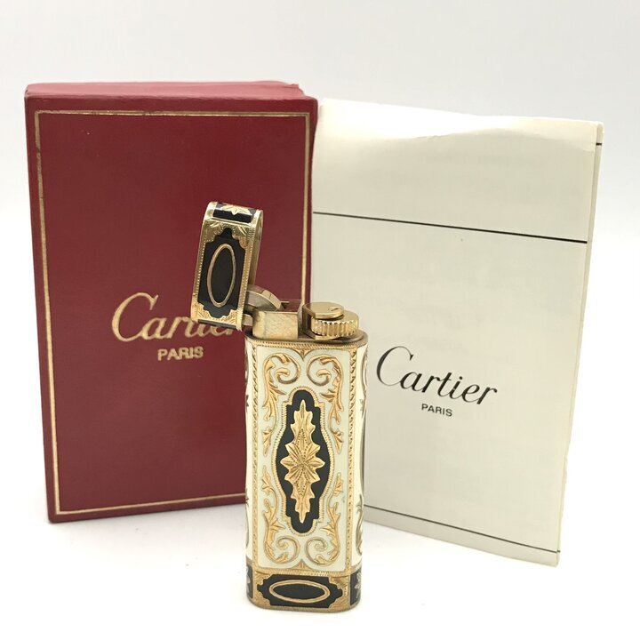 1円 美品 Cartier カルティエ オーバル アフター ジャケット ガスライター 総柄 喫煙具 煙草グッズ コレクション ゴールド 着火良好 h269