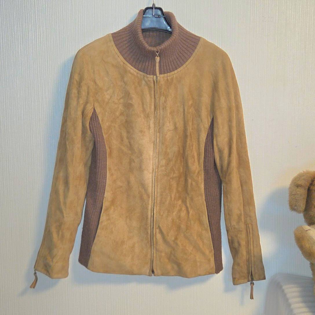 Junko Shimada ジュンコシマダ 羊革 スエード×リブニット ジップアップ M キャメル レザージャケット 毛玉・糸のよれなど有現状品 B522