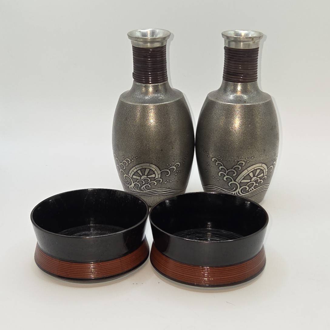 本錫 鳳山 造 錫製 酒器セット 徳利 2客 ＆ 盃洗 2客 セット 酒器揃え 金属工芸 伝統工芸 日本酒 晩酌 刻印　錆など有現状品　B691