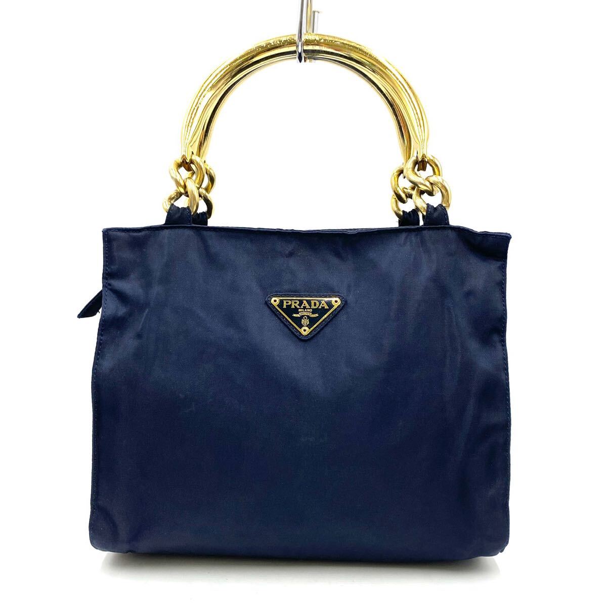 1円〜　【極上品】　 PRADA プラダ ナイロン ハンドバッグ メタルハンドル　トートバッグ　ダークネイビー　 三角ロゴ　白タグ　F230