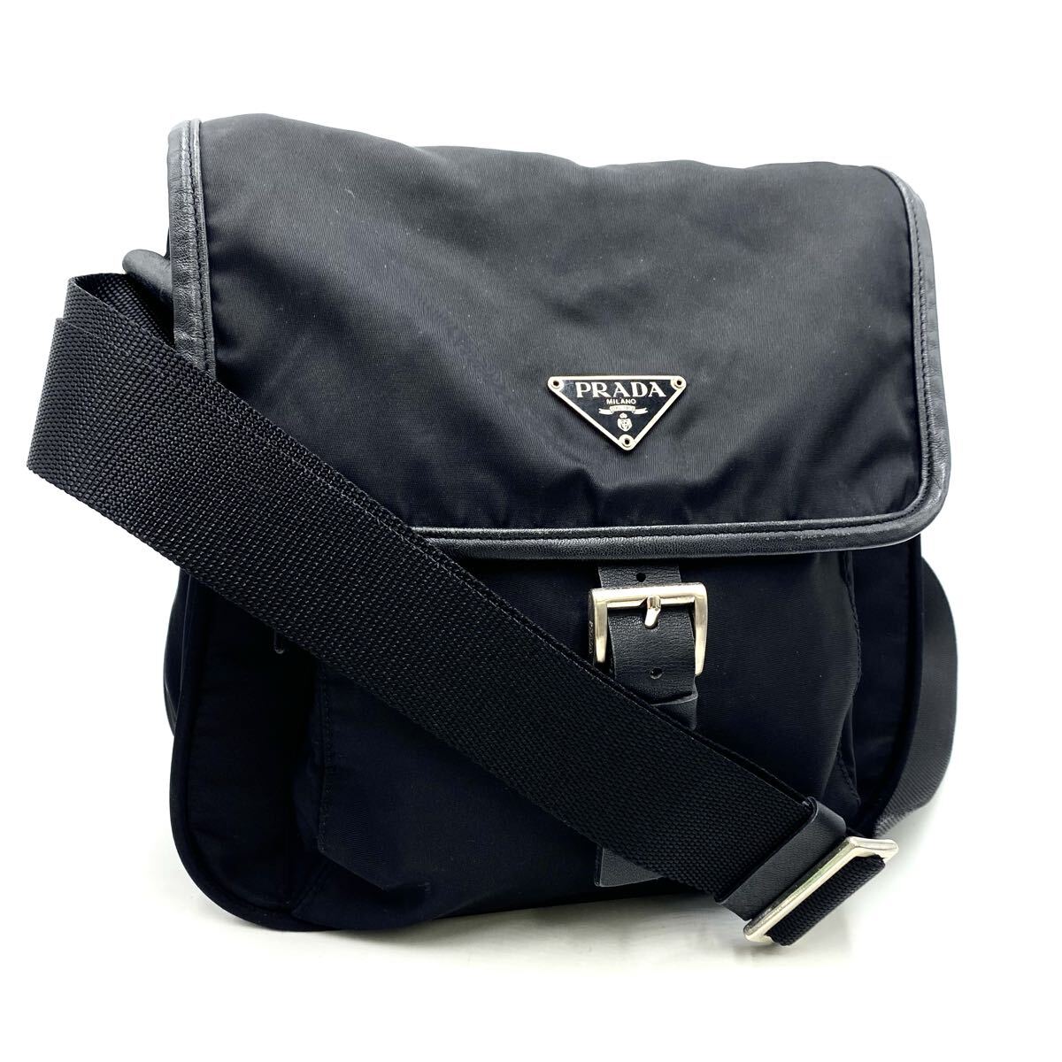 1円〜　【極上品】　 PRADA プラダ ナイロン ショルダーバッグ クロスボディ ブラック 三角ロゴ　レザー　ヴィンテージ　F231
