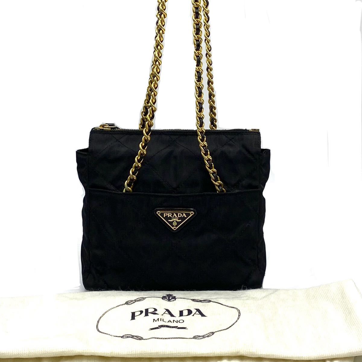 1円〜　【極上】【希少】 PRADA プラダ ナイロン チェーンショルダーバッグ トートバッグ キルティング ブラック　 三角ロゴ　F234