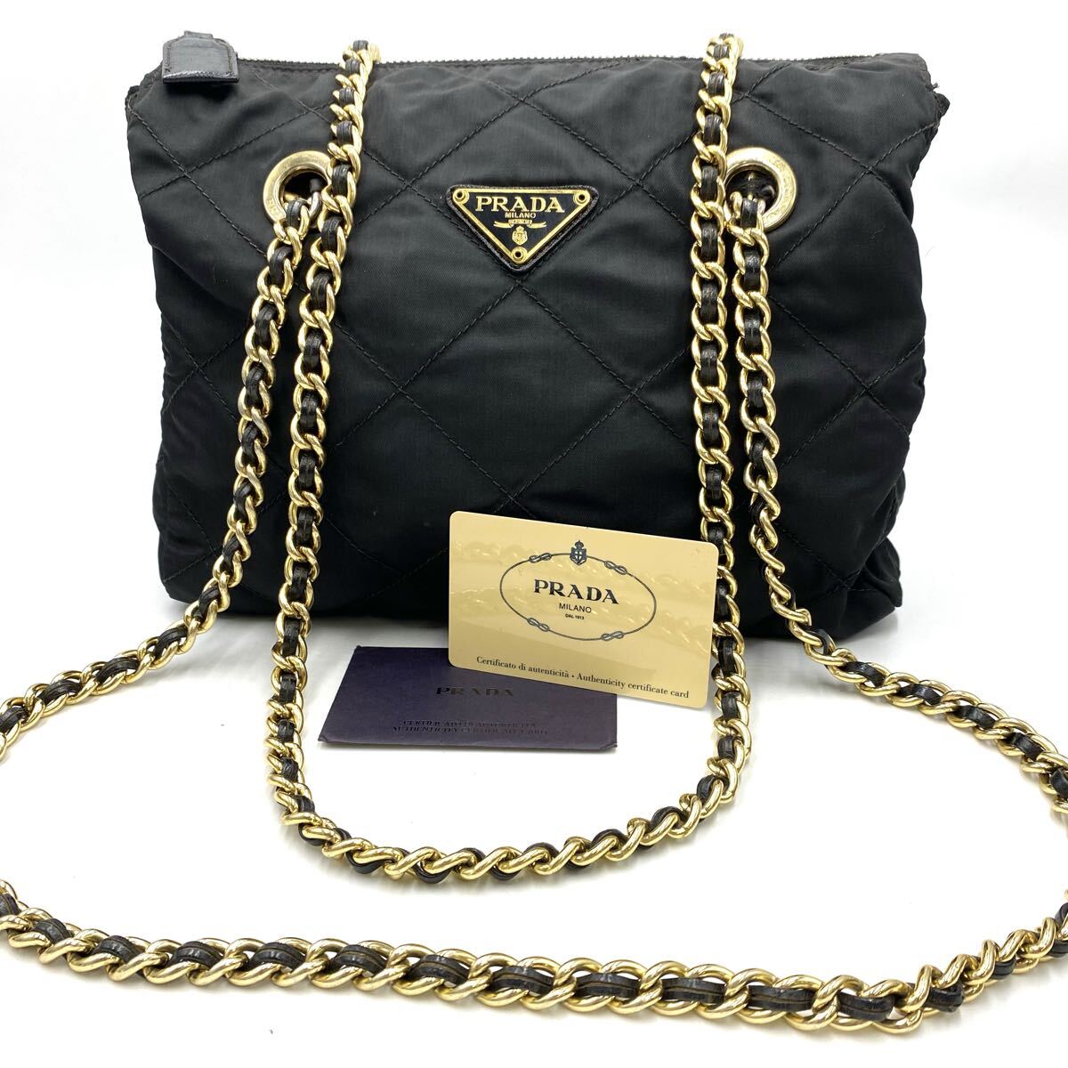1円〜　【人気高騰中！】　 PRADA プラダ ナイロン キルティング チェーンショルダーバッグ トートバッグ ブラック 三角ロゴ　F237