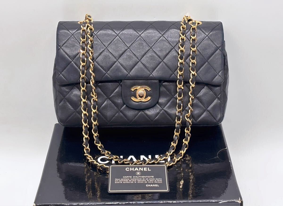 1円〜【定番人気】CHANEL シャネル マトラッセ ラムスキン チェーンショルダーバッグ Wフラップ ゴールド金具 シリアル ブラック 黒 CCロゴ