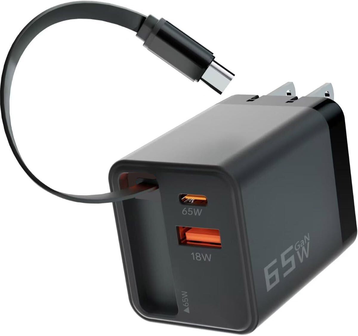 65W(65W+18W) 巻き取り式 急速充電器 Type-c 3-ポート PD充電器 タイプc 伸縮式USB-Cケーブル付き