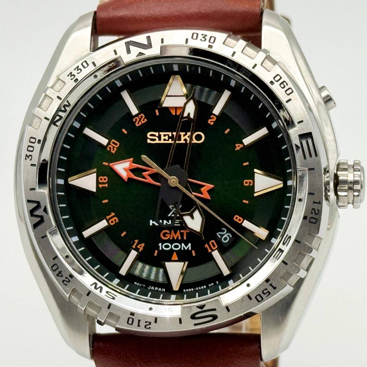 SEIKO セイコー KINETIC キネティック GMT 100M 5M85-0AE0 グリーン メンズ 腕時計 訳あり
