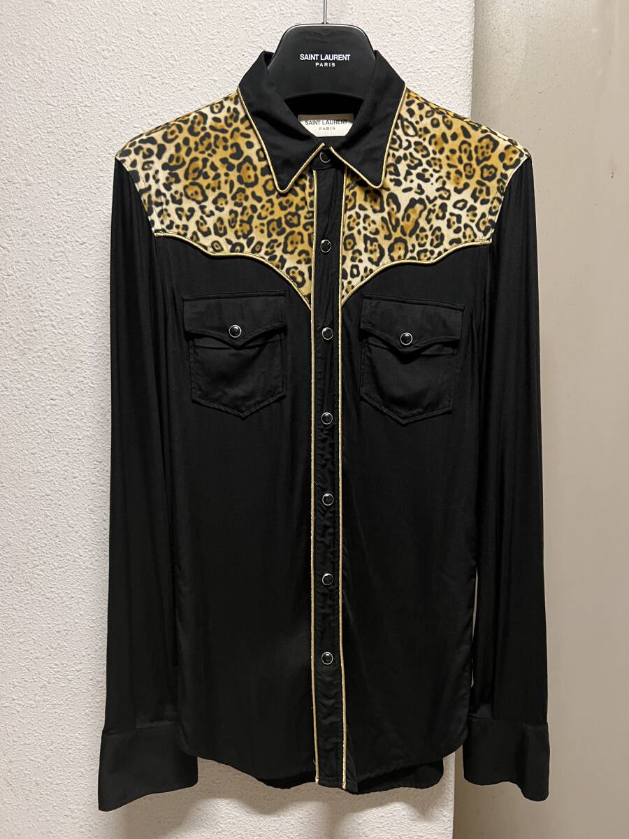 SAINT LAURENT PARIS サンローラン パリ 　ウエスタン　シャツ　 レオパード　　ブラック　　XS　 　中古