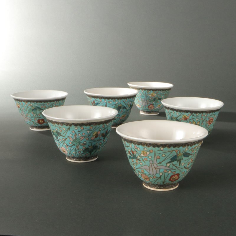 委託HK◇時代 陶七宝汲出 6客（茶道具 煎茶道具 陶磁器 磁器 七宝焼 茶托 湯呑 お茶 骨董 古美術 折鶴 桜 梅 松 古道具 アンティーク）