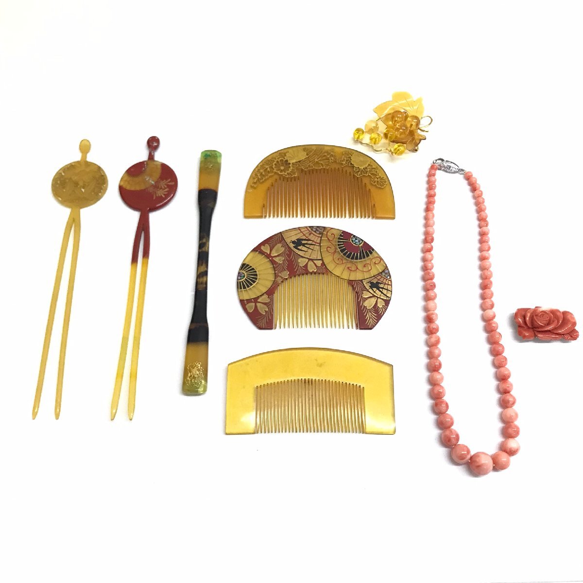 中古品 現状渡し べっ甲 簪 かんざし 笄 こうがい 櫛 くし 珊瑚 サンゴ ネックレス 帯留め 計9点 質屋出品