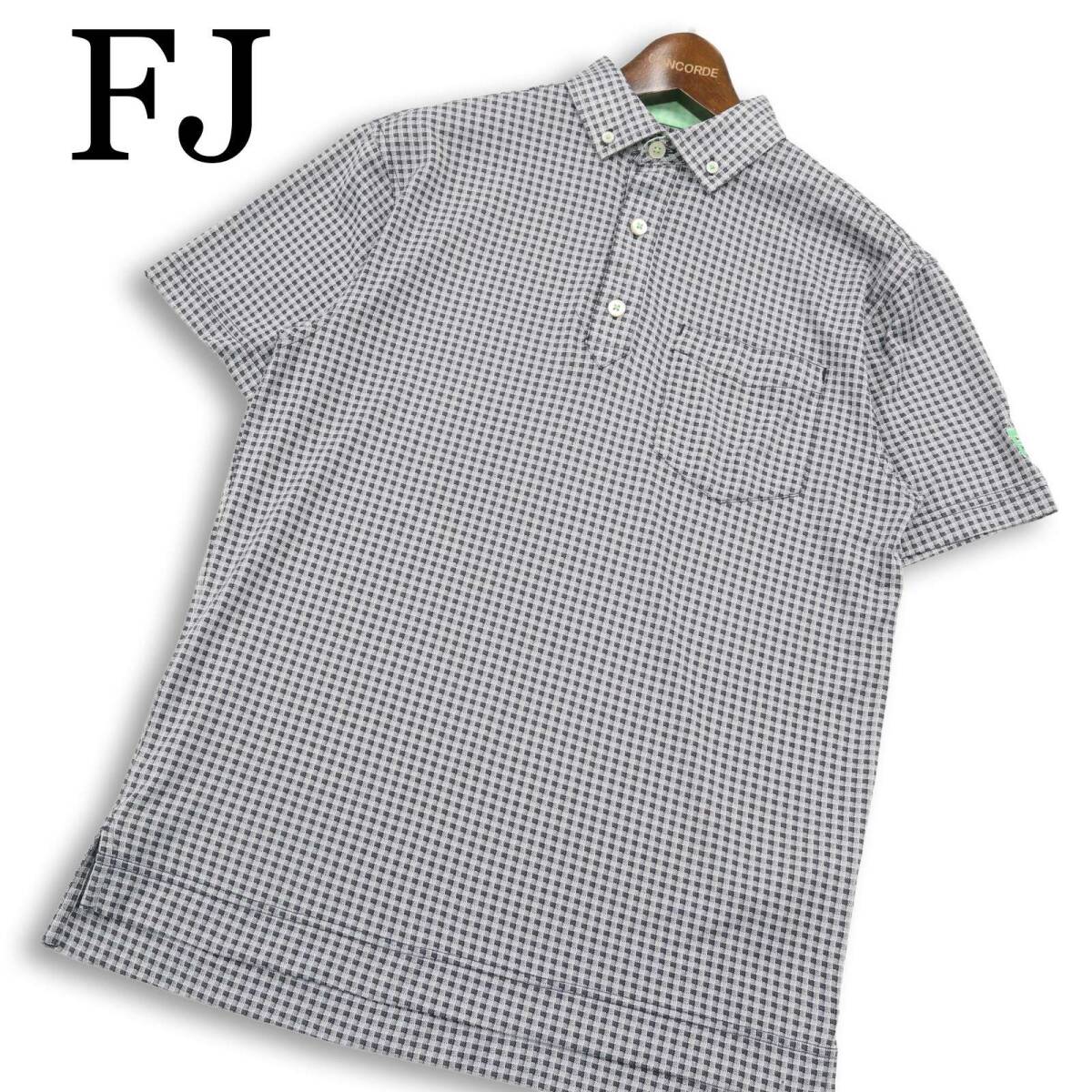 【美品】FJ FOOT JOY フットジョイ ゴルフ 春夏★ 半袖 チェック ロゴ刺繍 ボタンダウン ポロシャツ Sz.M メンズ