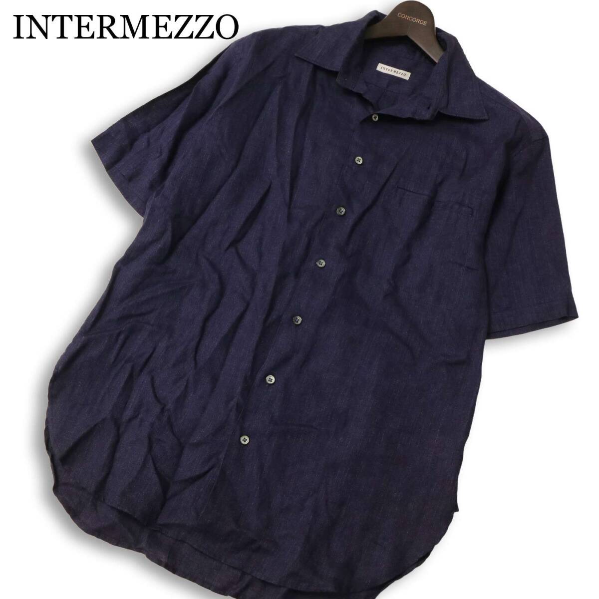 INTERMEZZO インターメッツォ レナウン 春夏★ 麻100％ リネン 半袖 ビッグシルエット シャツ Sz.M メンズ ネイビー