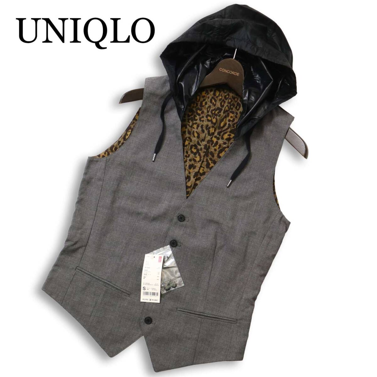 【新品 未使用】 UNIQLO ユニクロ 通年★ フーディー モード パーカー レオパード ベスト ジレ Sz.S メンズ