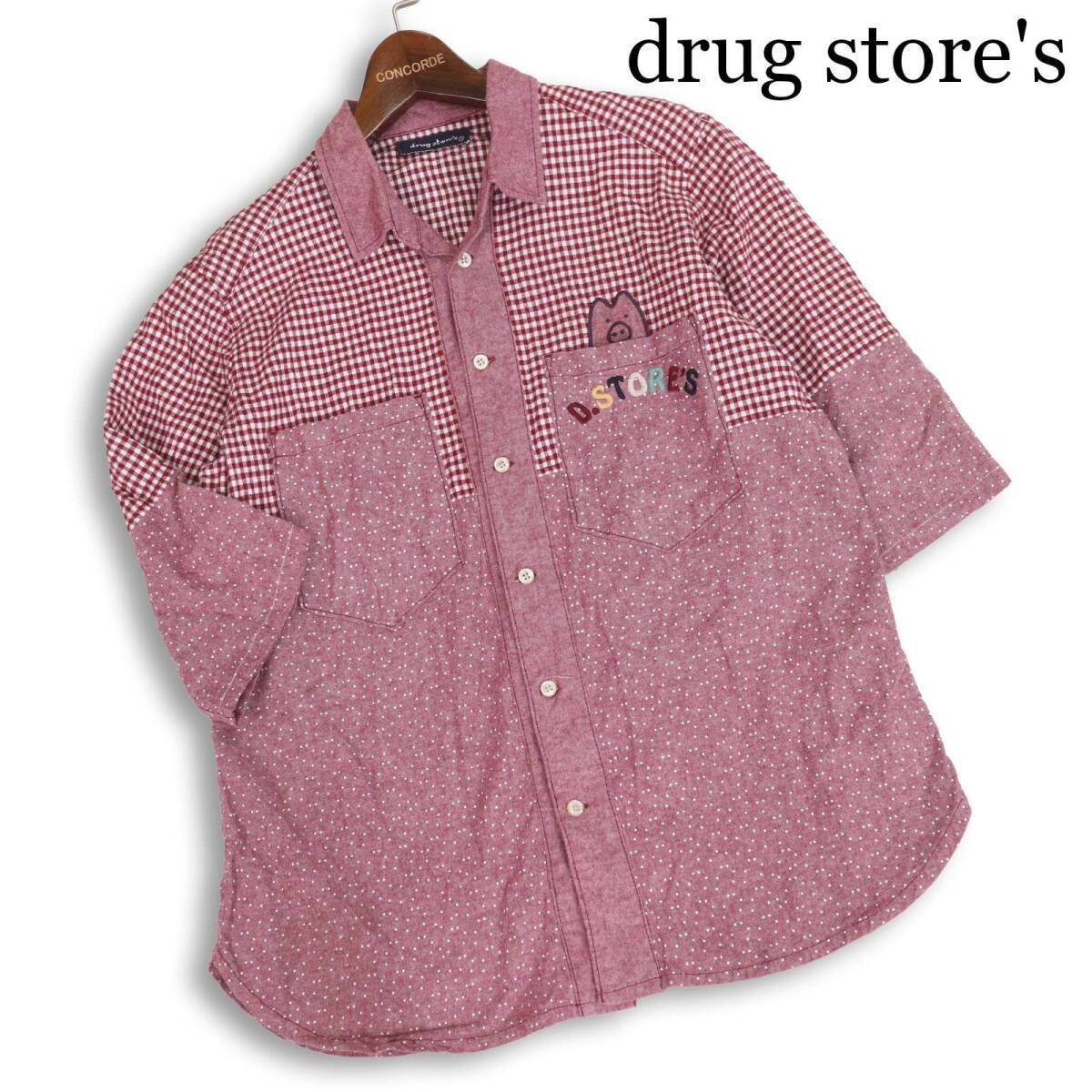 drug store's ドラッグストアーズ 春夏 ブタ 刺繍♪★ 5分袖 ギンガムチェック ドット 切替 シャツ Sz.3 レディース