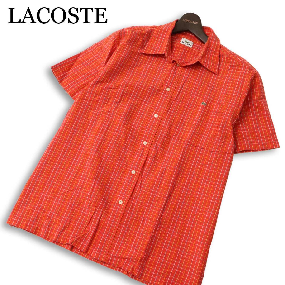 LACOSTE ラコステ 春夏★ 半袖 ロゴ刺繍 シアサッカー チェック シャツ Sz.4 メンズ