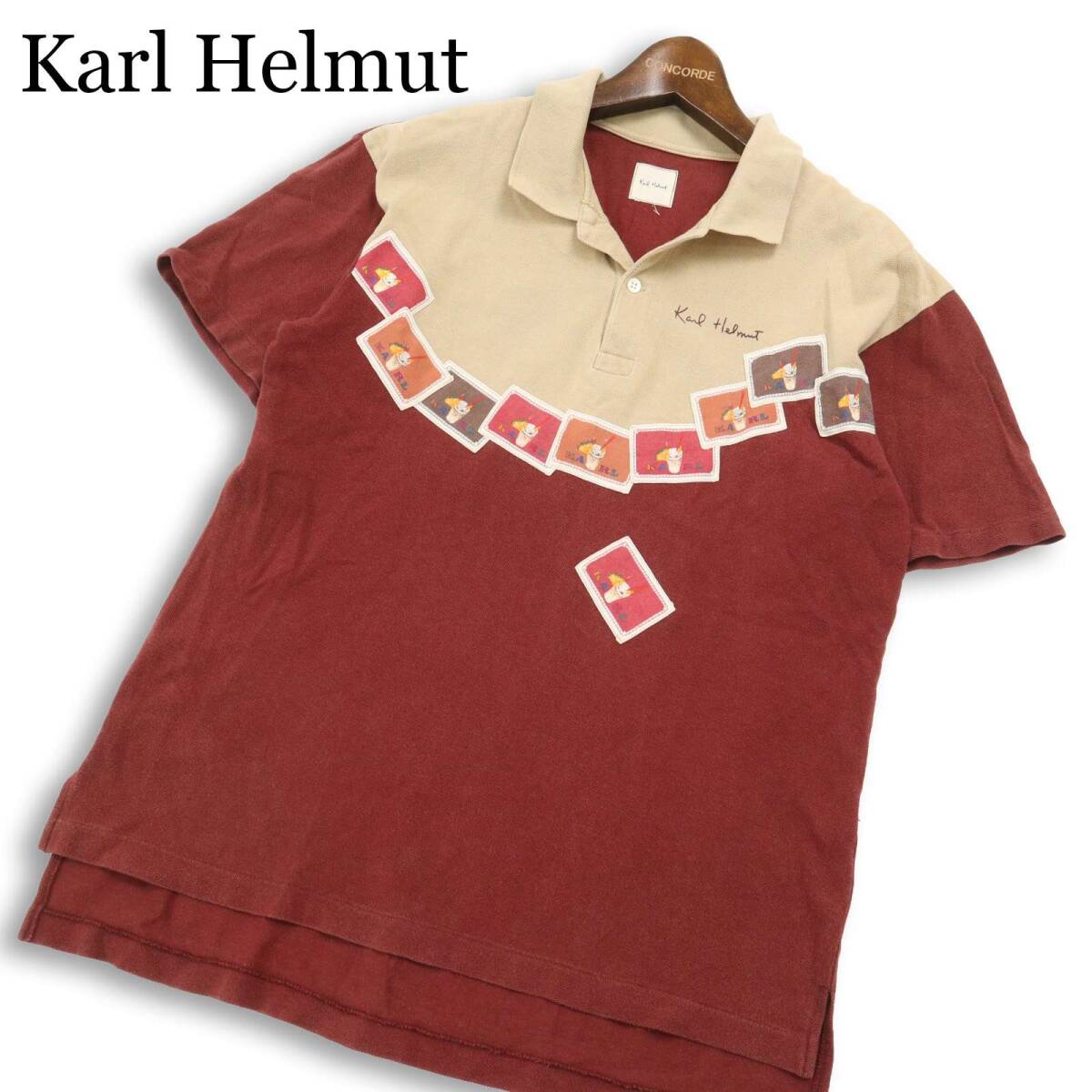 Karl Helmut カールヘルム 春夏★ 半袖 鹿の子 ドリンク ワッペン 切替 ロゴ ポロシャツ Sz.M〜L メンズ