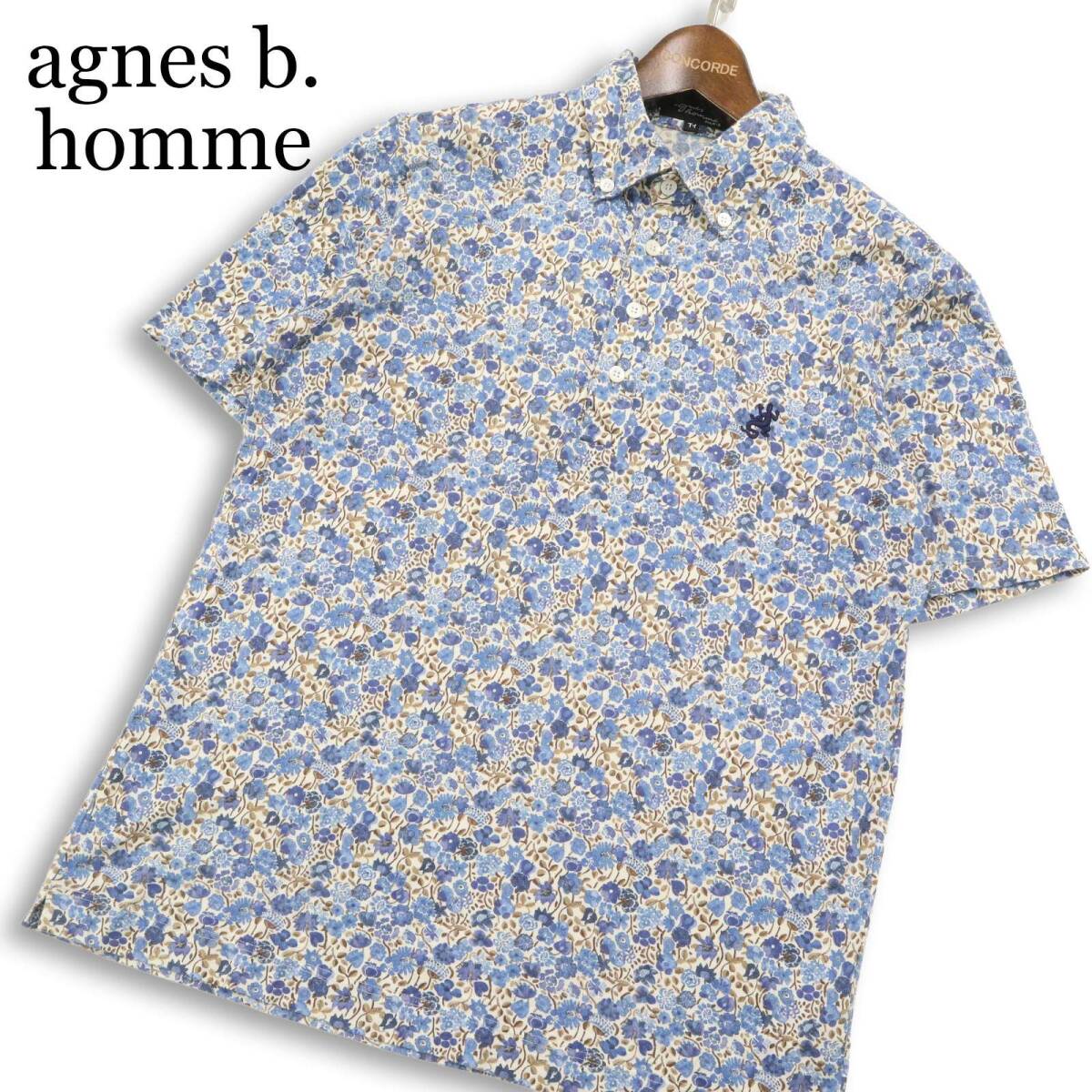 【美品】agnes b. homme アニエスベー オム 春夏★ 半袖 花柄 総柄 ロゴ刺繍 ボタンダウン ポロシャツ 日本製 Sz.T1 メンズ